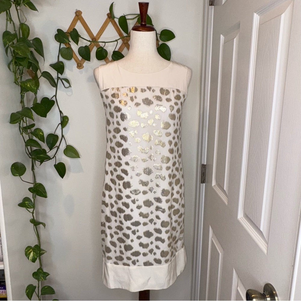 CALVIN KLEIN Exquisite Silk Metallic Blend Trapeze Dress Gold White
